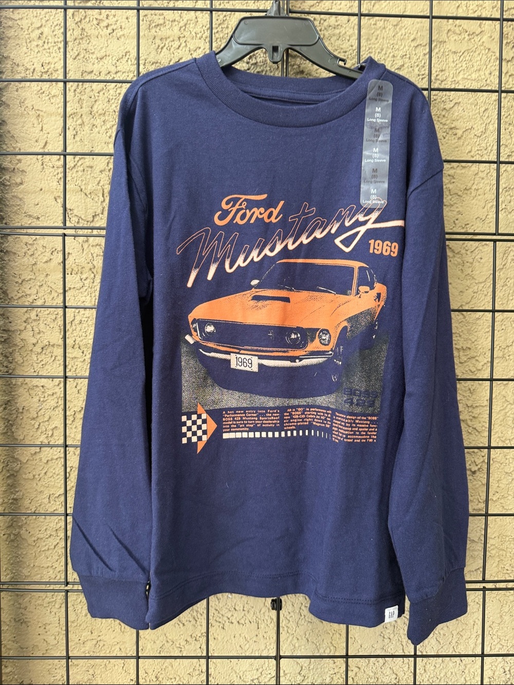 New Gap Ford Kids Long Sleeve Cotton Tee with Orange Mustang Graphic on Navy